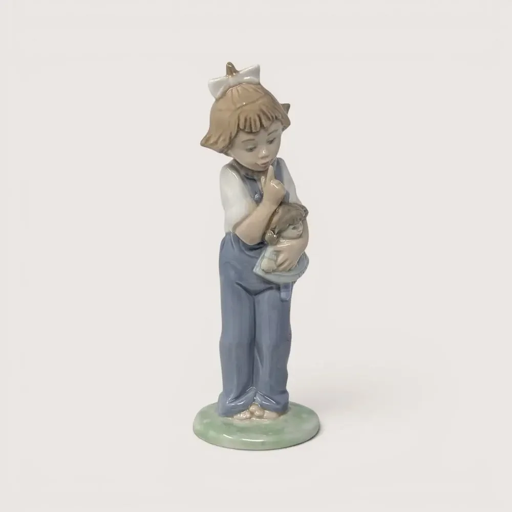 1990s Nao by Lladro Hush Girl Holding Doll Spanish Porcelain Figurine